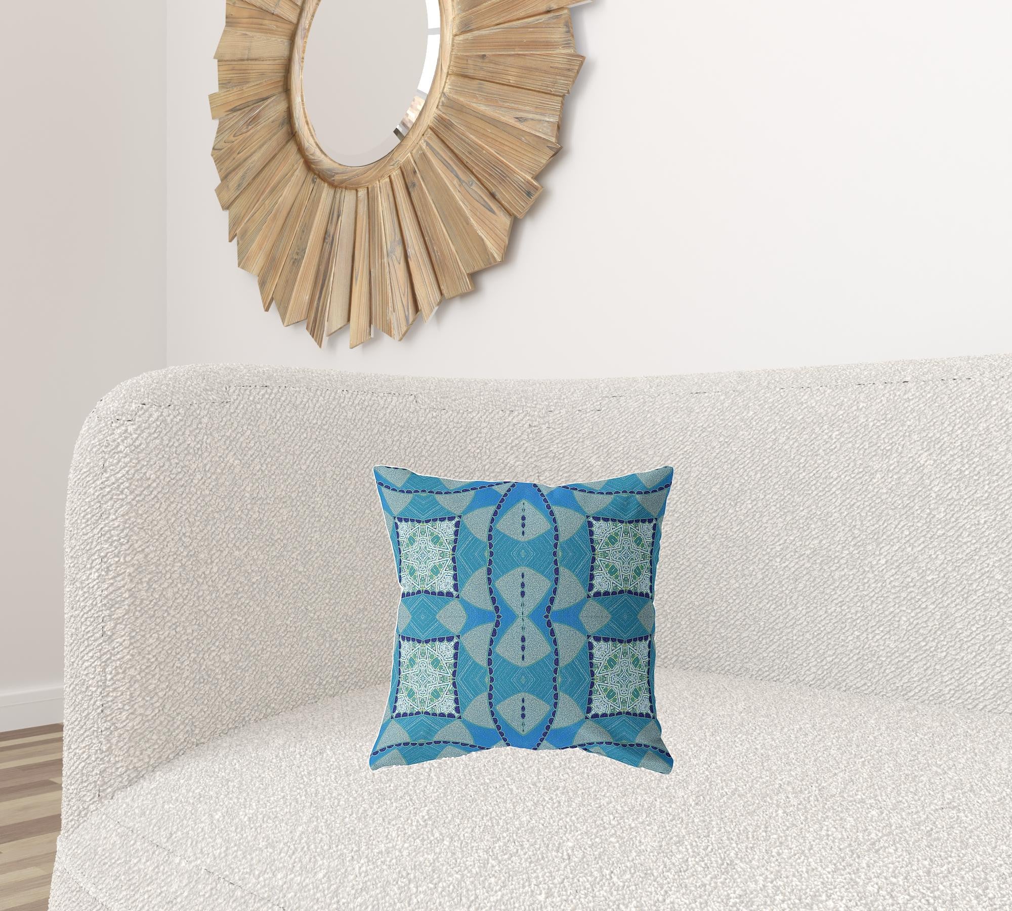 16" X 16" Aqua Blue Zippered Geometric Indoor Outdoor Throw Pillow