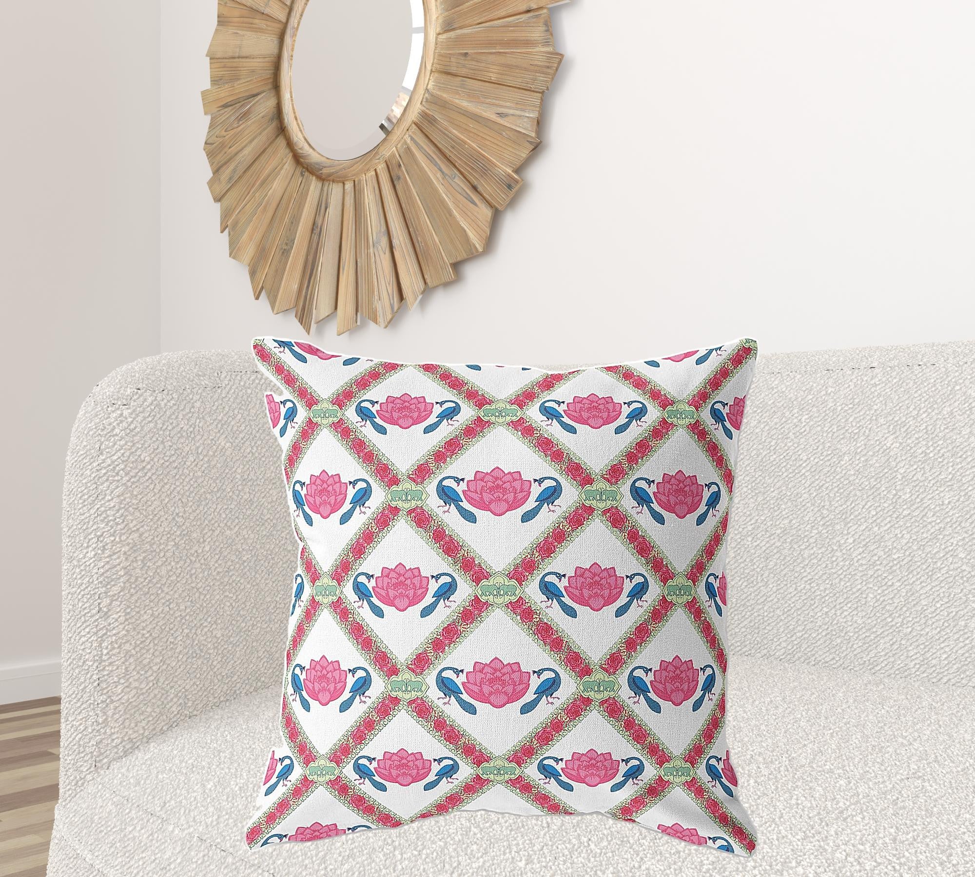 18" X 18" Pink And White Blown Seam Geometric Indoor Outdoor Throw Pillow