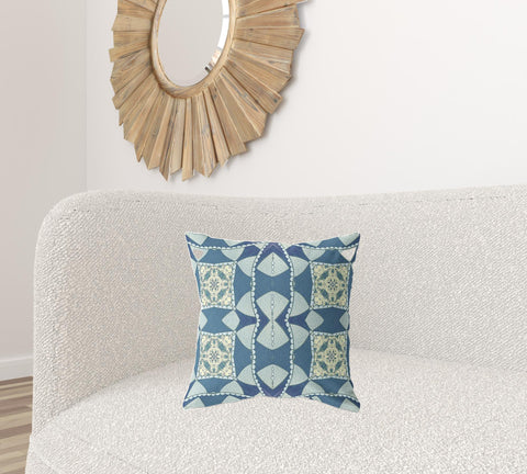 18" X 18" Blue And Cream Blown Seam Geometric Indoor Outdoor Throw Pillow