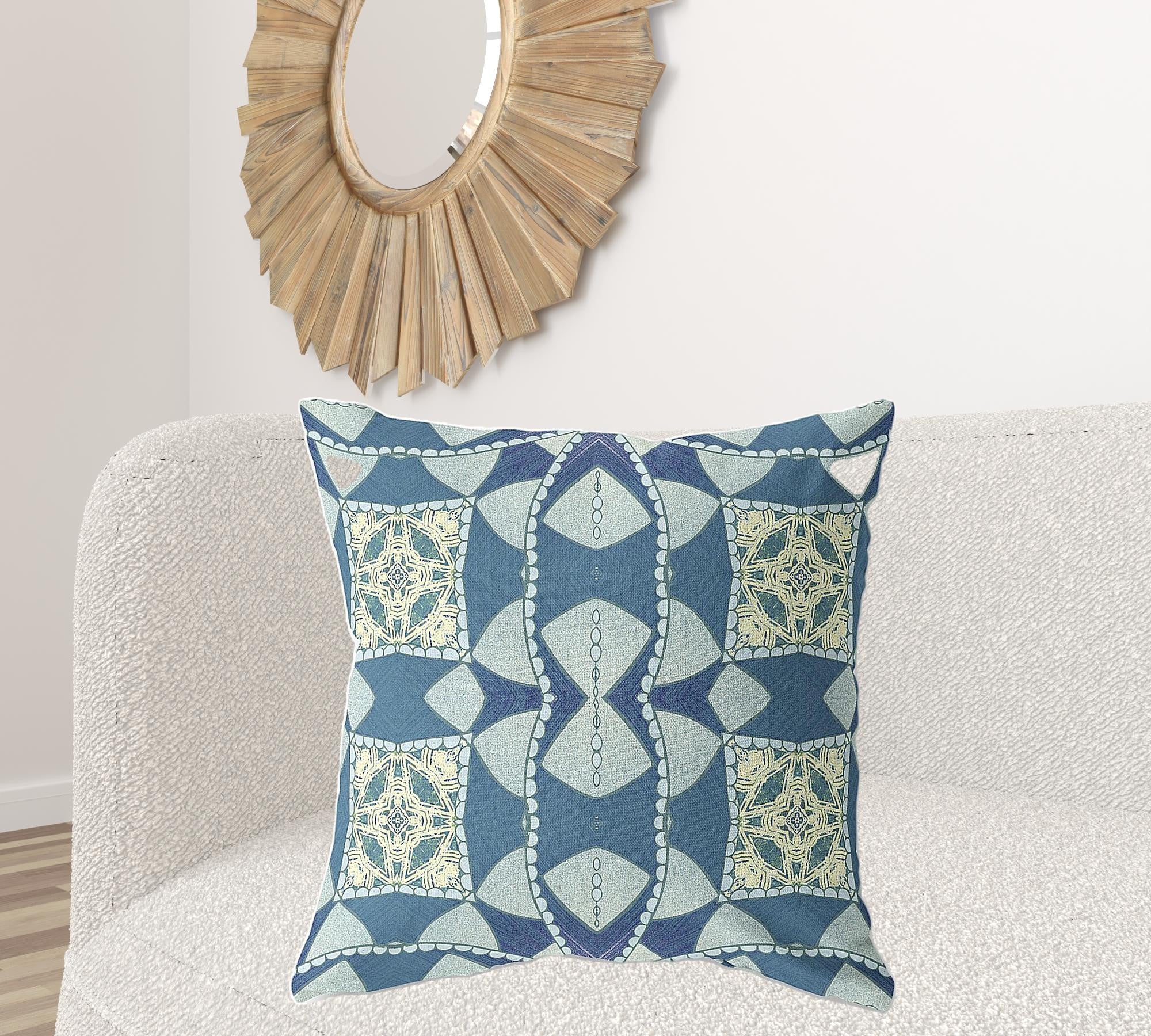 18" X 18" Blue And Cream Blown Seam Geometric Indoor Outdoor Throw Pillow