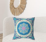 18" X 18" Blue And Turquoise Broadcloth Floral Throw Pillow