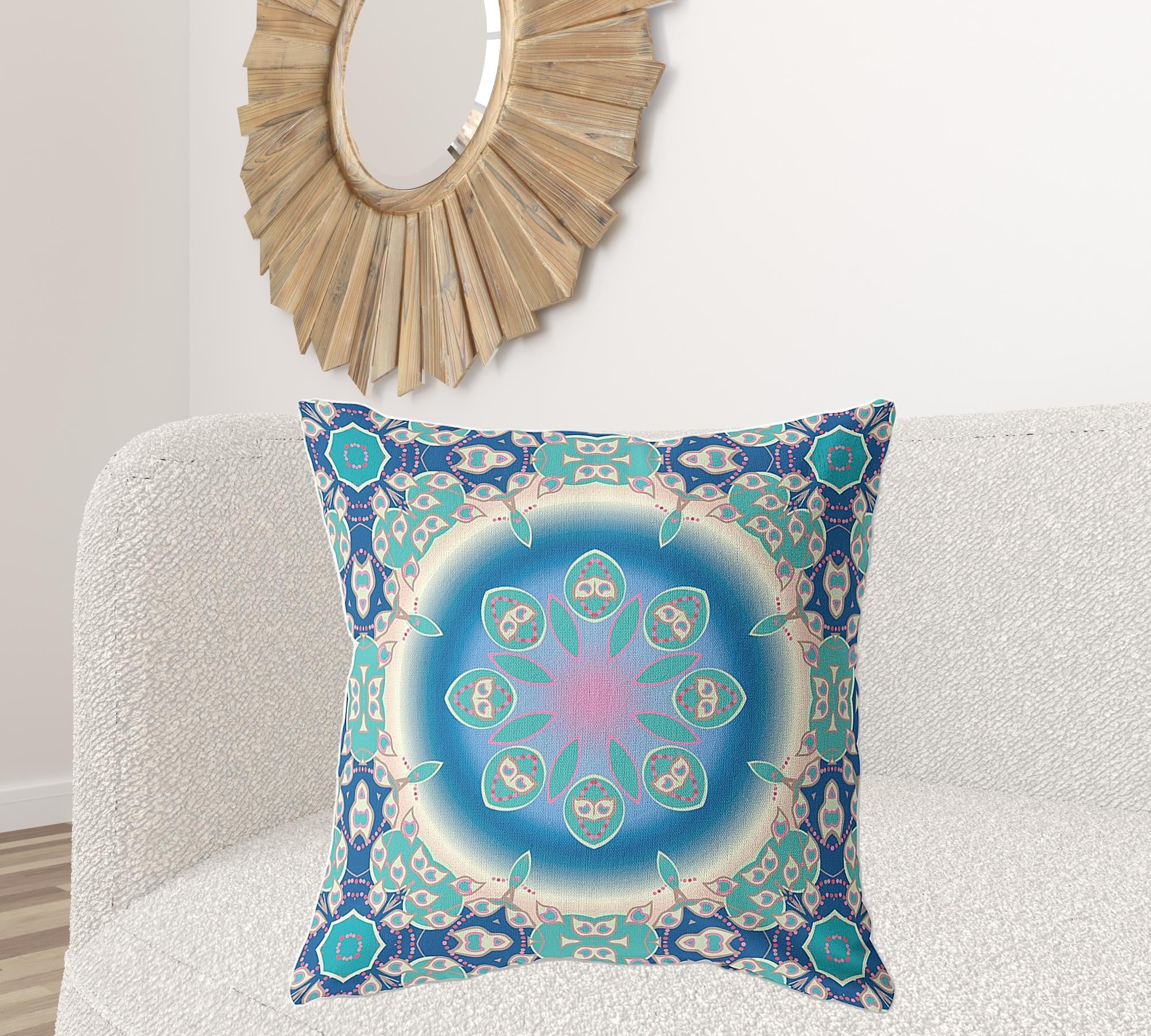 18" X 18" Blue And Turquoise Broadcloth Floral Throw Pillow