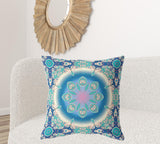 18" X 18" Blue And Turquoise Broadcloth Floral Throw Pillow