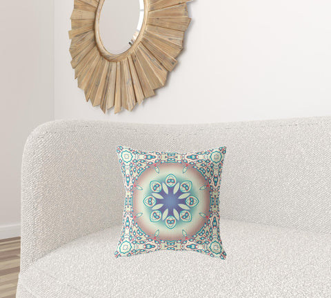 18" X 18" Beige And Blue Broadcloth Floral Throw Pillow