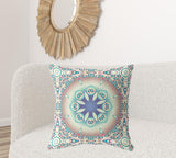 18" X 18" Beige And Blue Broadcloth Floral Throw Pillow