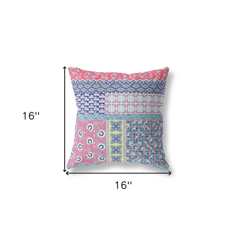 16" X 16" Pink And Green Zippered Patchwork Indoor Outdoor Throw Pillow Cover & Insert