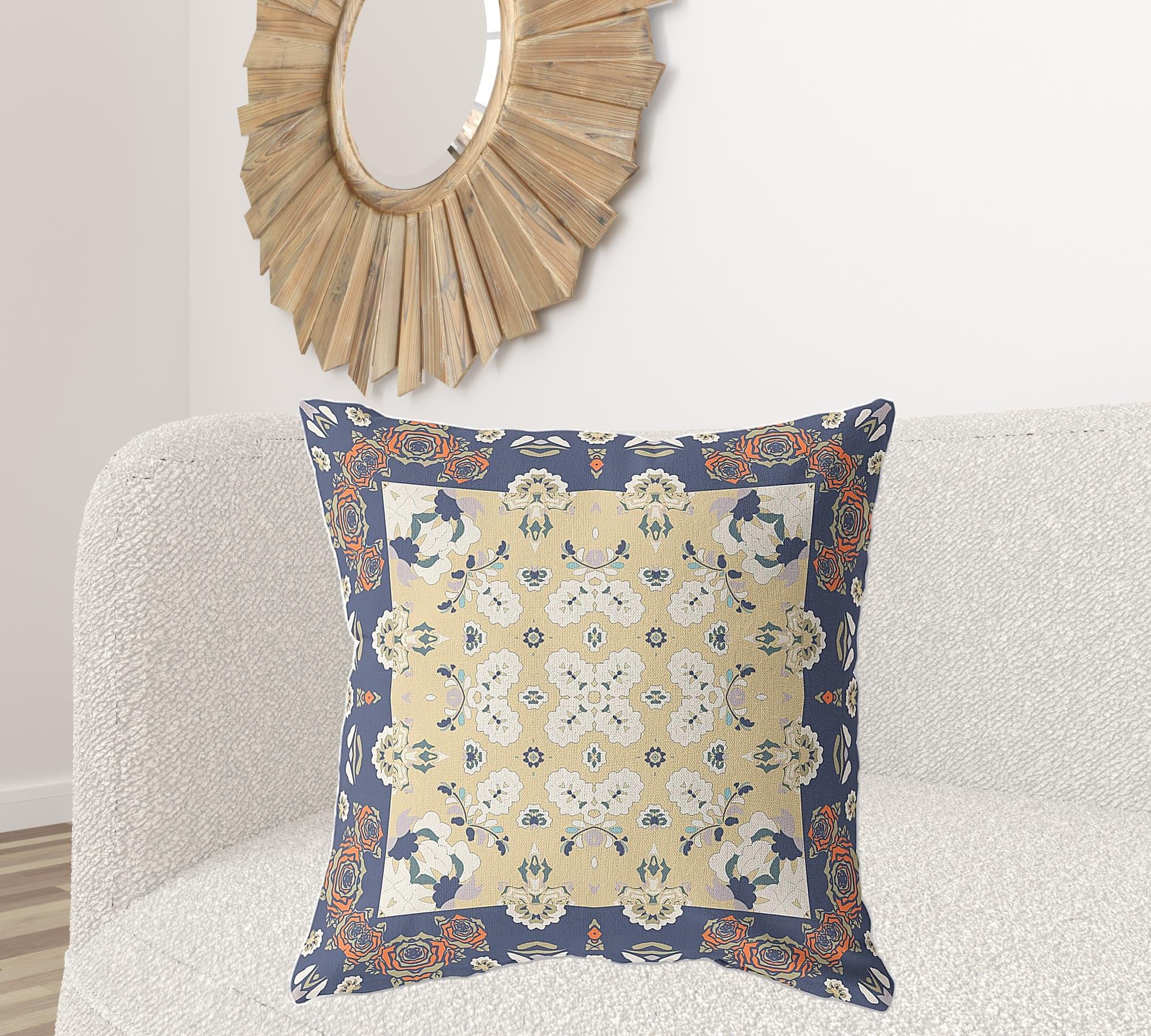 18" X 18" Blue Yellow Broadcloth Floral Throw Pillow