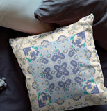 16" X 16" Off White And Blue Broadcloth Floral Throw Pillow