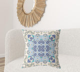 18" X 18" Off White And Blue Broadcloth Floral Throw Pillow