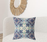 18" X 18" Blue And Off White Broadcloth Floral Throw Pillow