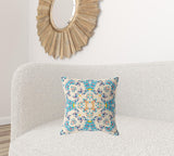 18" X 18" Off White And Blue Broadcloth Floral Throw Pillow