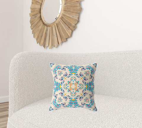 18" X 18" Off White And Blue Broadcloth Floral Throw Pillow