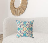 18" X 18" Off White And Blue Broadcloth Floral Throw Pillow