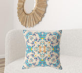 18" X 18" Off White And Blue Broadcloth Floral Throw Pillow