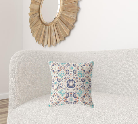 18" X 18" Off White And Blue Broadcloth Floral Throw Pillow