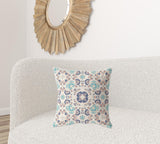 18" X 18" Off White And Blue Broadcloth Floral Throw Pillow