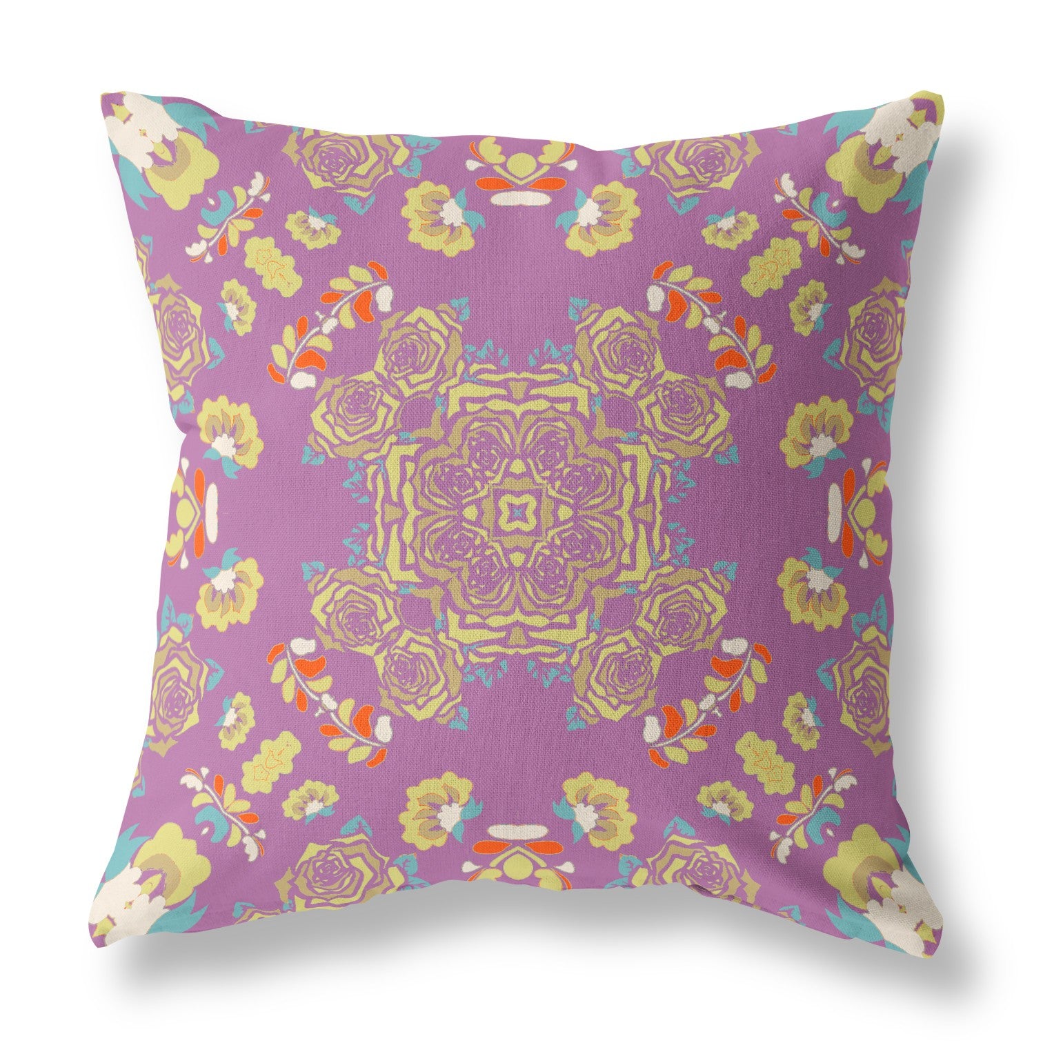 16" X 16" Purple And Yellow Broadcloth Floral Throw Pillow