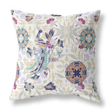 16" X 16" White And Purple Broadcloth Floral Throw Pillow