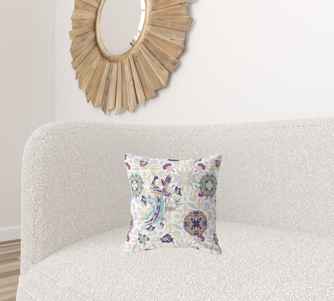 16" X 16" White And Purple Broadcloth Floral Throw Pillow