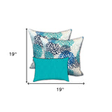 Set Of Three 19" X 19" Blue And White Zippered Floral Throw Indoor Outdoor Pillow Cover