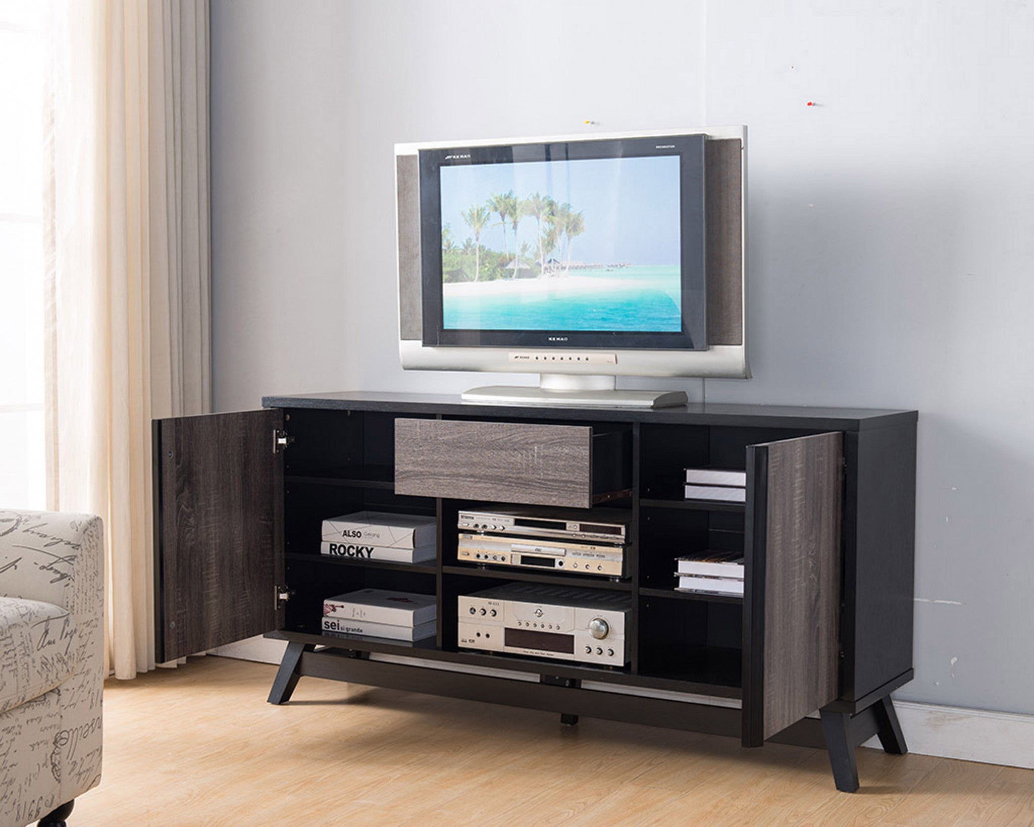Black and Distressed Gray TV Console