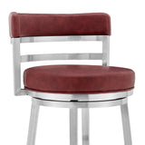 40" Red And Silver Faux Leather Swivel Low Back Bar Height Chair With Footrest