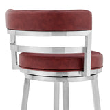 40" Red And Silver Faux Leather Swivel Low Back Bar Height Chair With Footrest