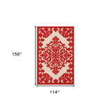 10' X 13' Red Damask Non Skid Indoor Outdoor Area Rug