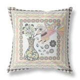 20" X 20" White And Green Bird Blown Seam Floral Indoor Outdoor Throw Pillow