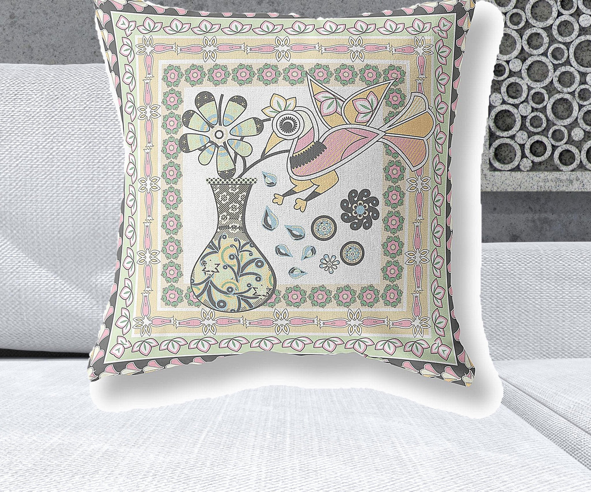 26" X 26" White And Green Bird Blown Seam Floral Indoor Outdoor Throw Pillow