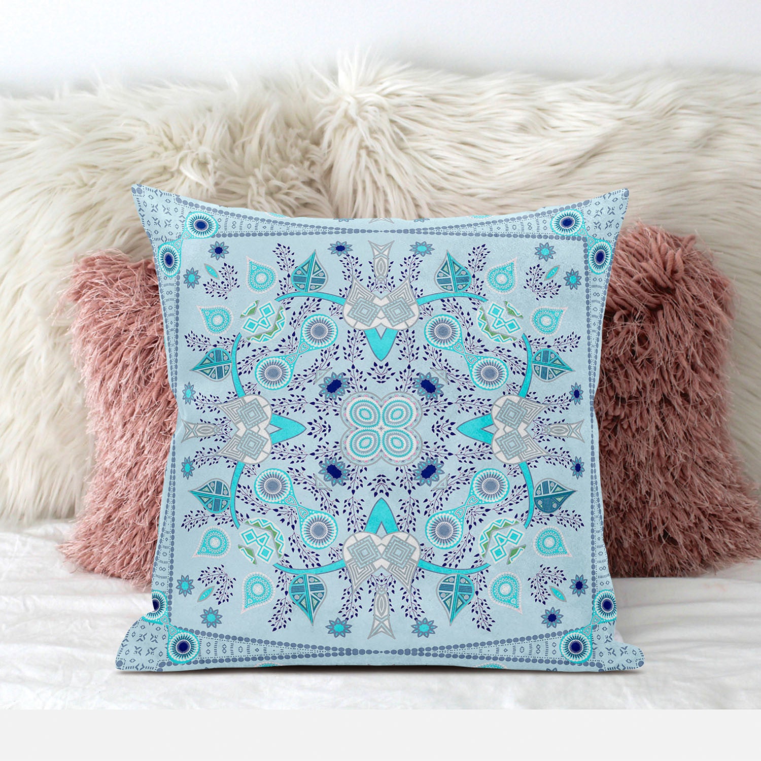 20" X 20" Light Grey Blown Seam Floral Indoor Outdoor Throw Pillow