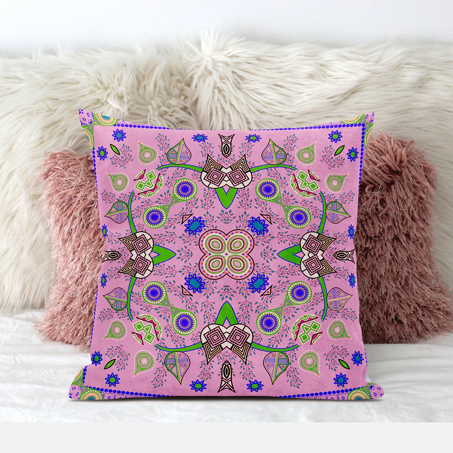 28" X 28" Pink And Green Blown Seam Floral Indoor Outdoor Throw Pillow