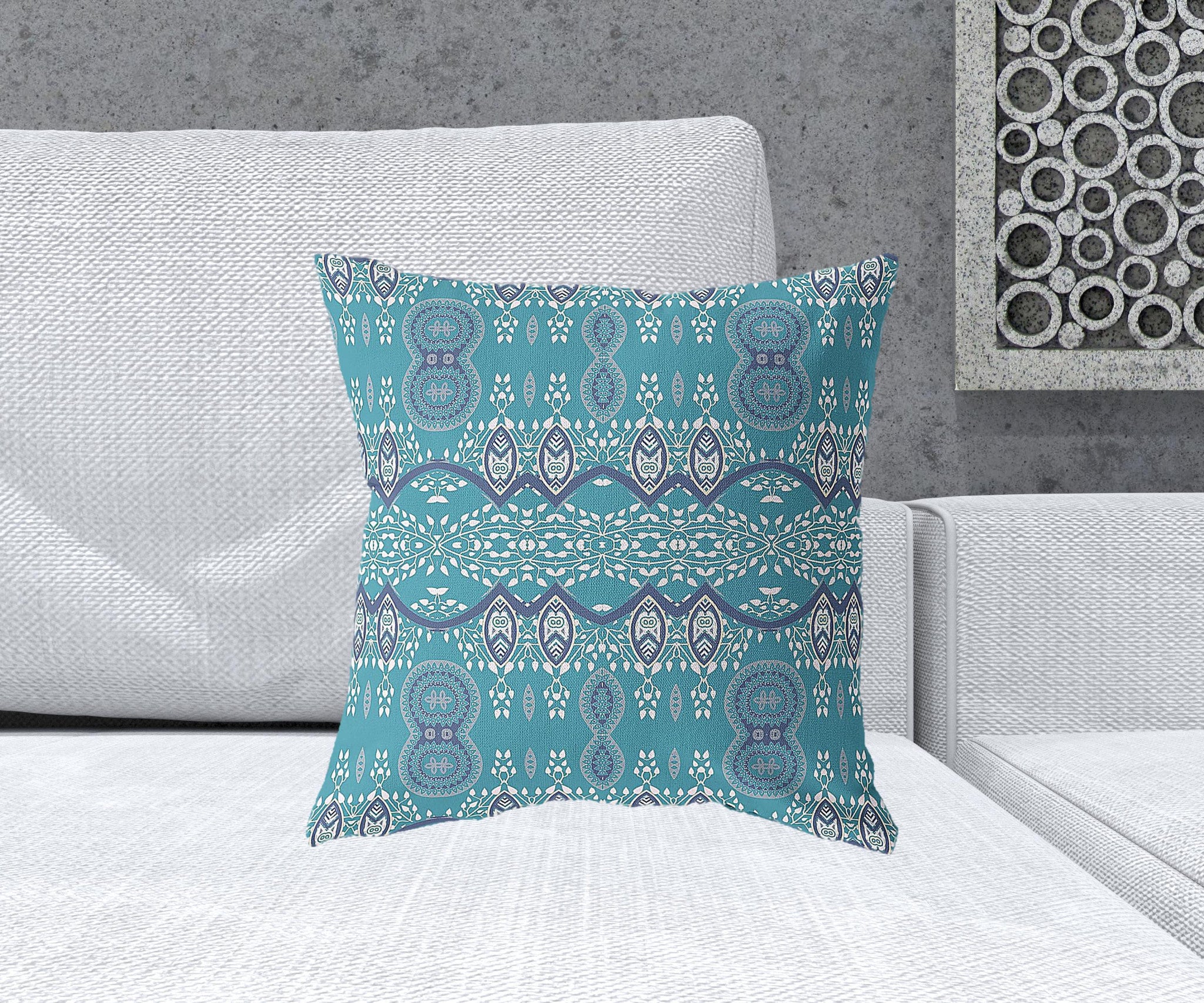 18" X 18" Aqua Blue Blown Seam Paisley Indoor Outdoor Throw Pillow