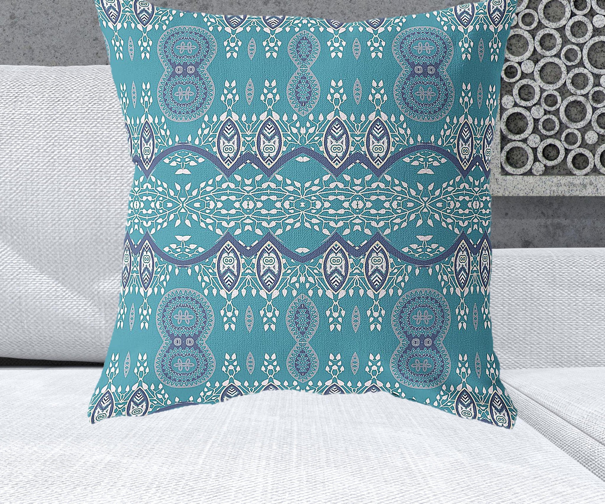 26" X 26" Aqua Blue Blown Seam Paisley Indoor Outdoor Throw Pillow