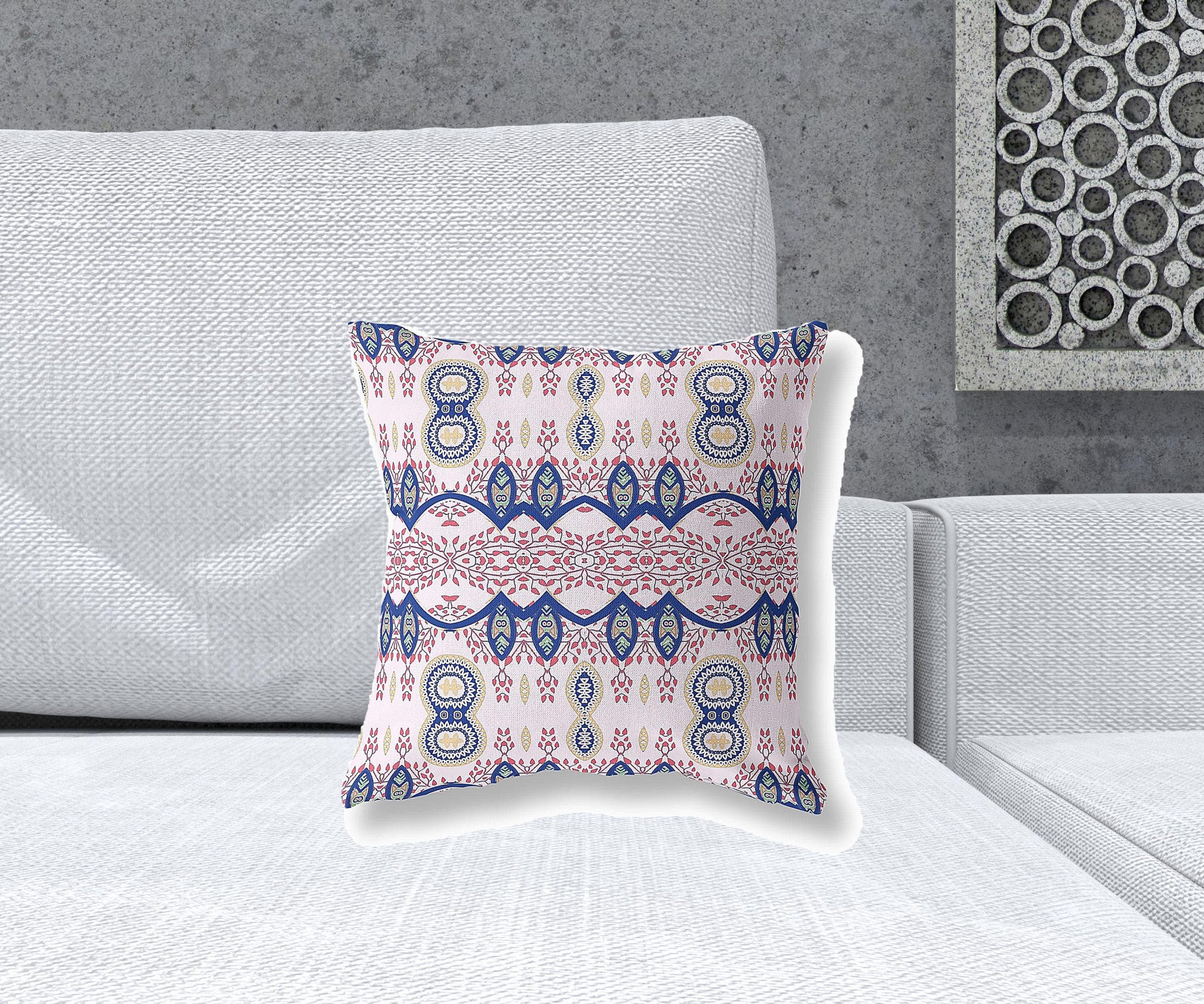 16" X 16" White And Blue Blown Seam Paisley Indoor Outdoor Throw Pillow