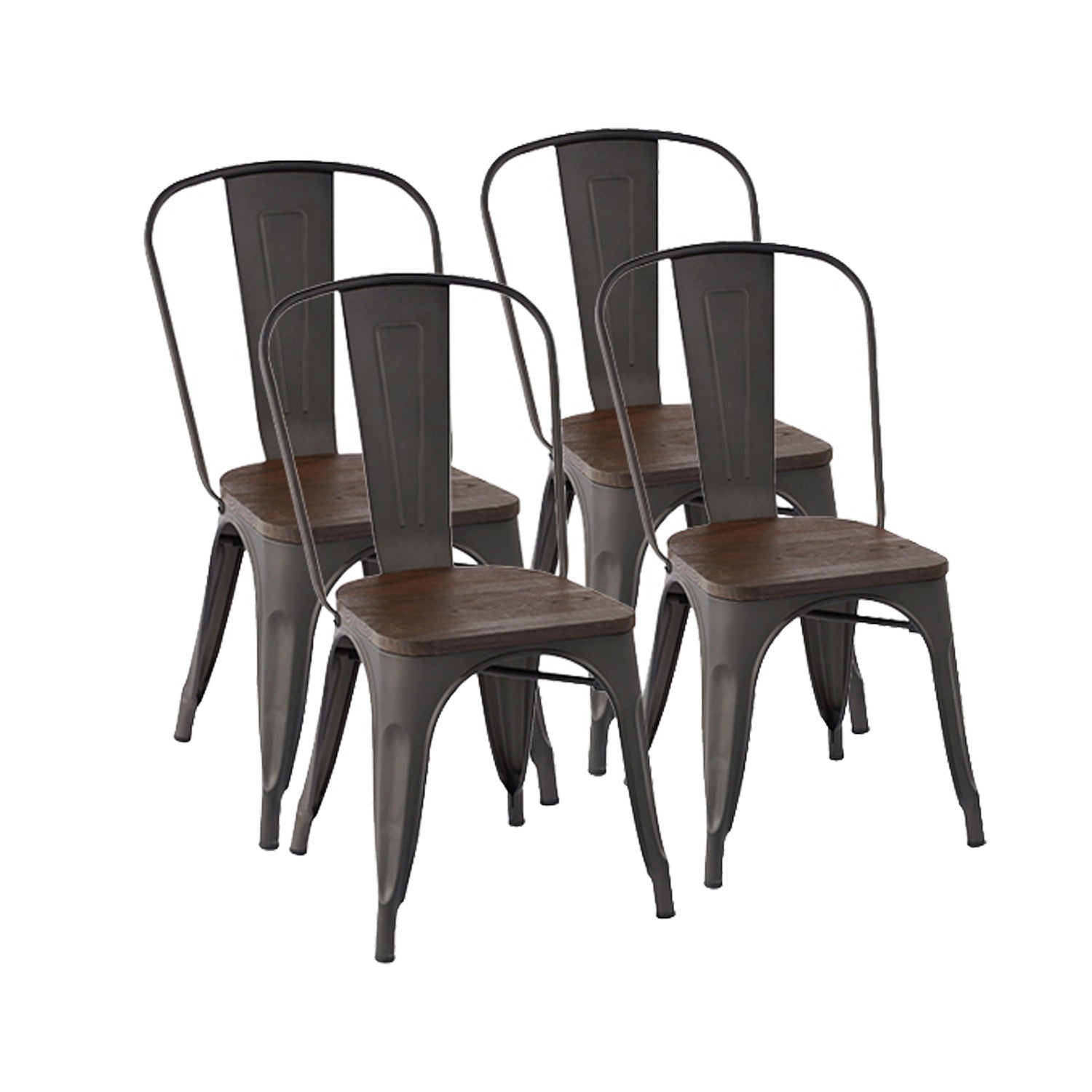 Set Of Four Gunmetal Gray and Brown Wood and Metal Slat Back Dining Chairs