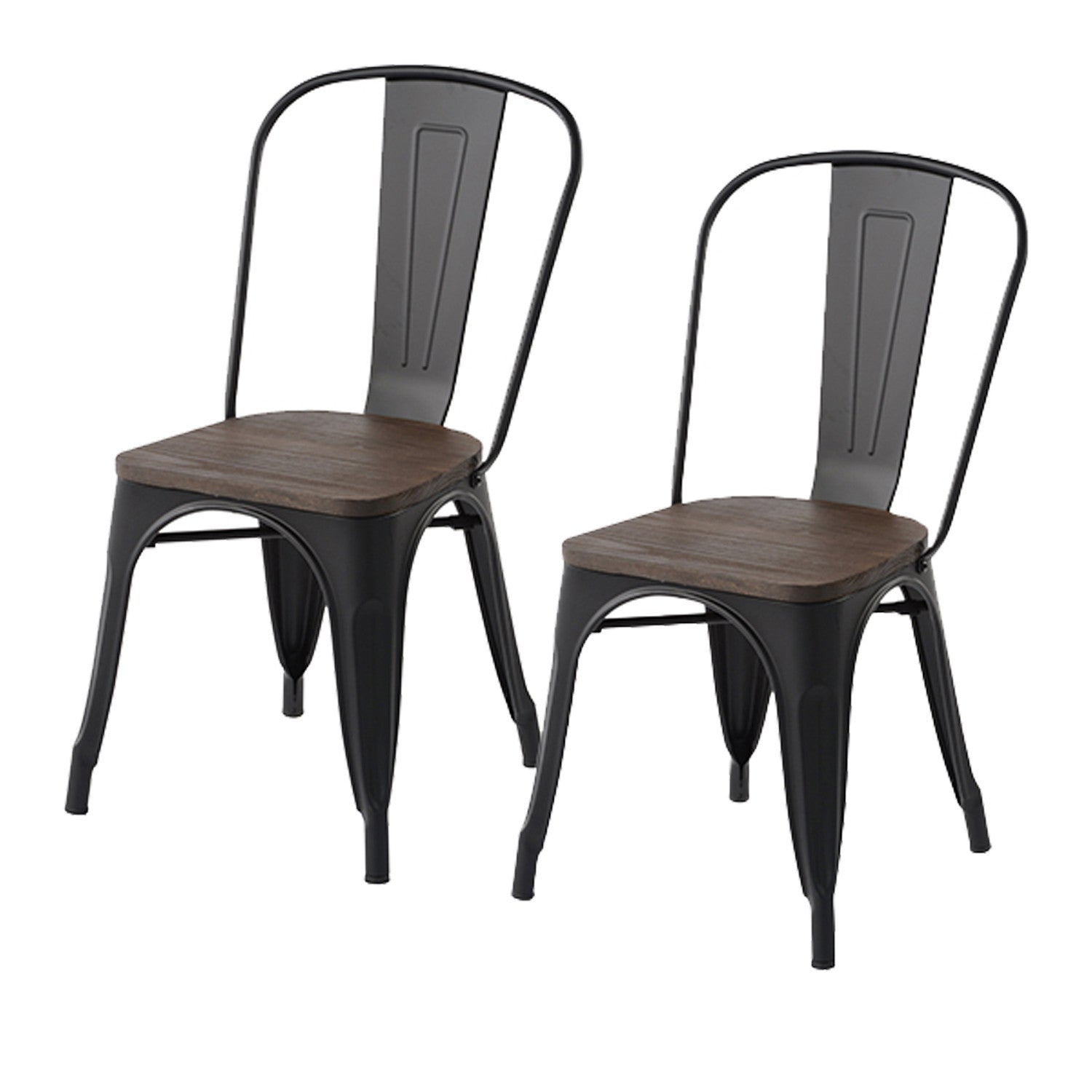 Set Of Two Black and Brown Wood and Metal Slat Back Dining Chairs