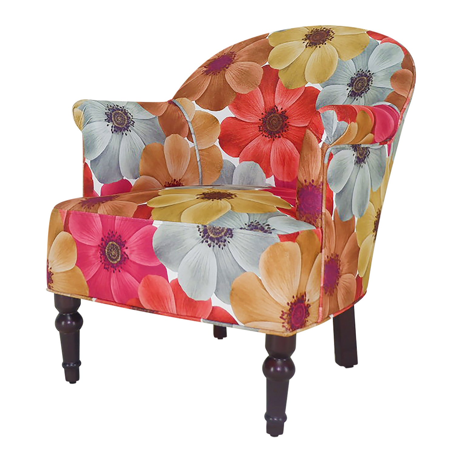 29" Red Gray And Brown Polyester Blend Floral Arm Chair