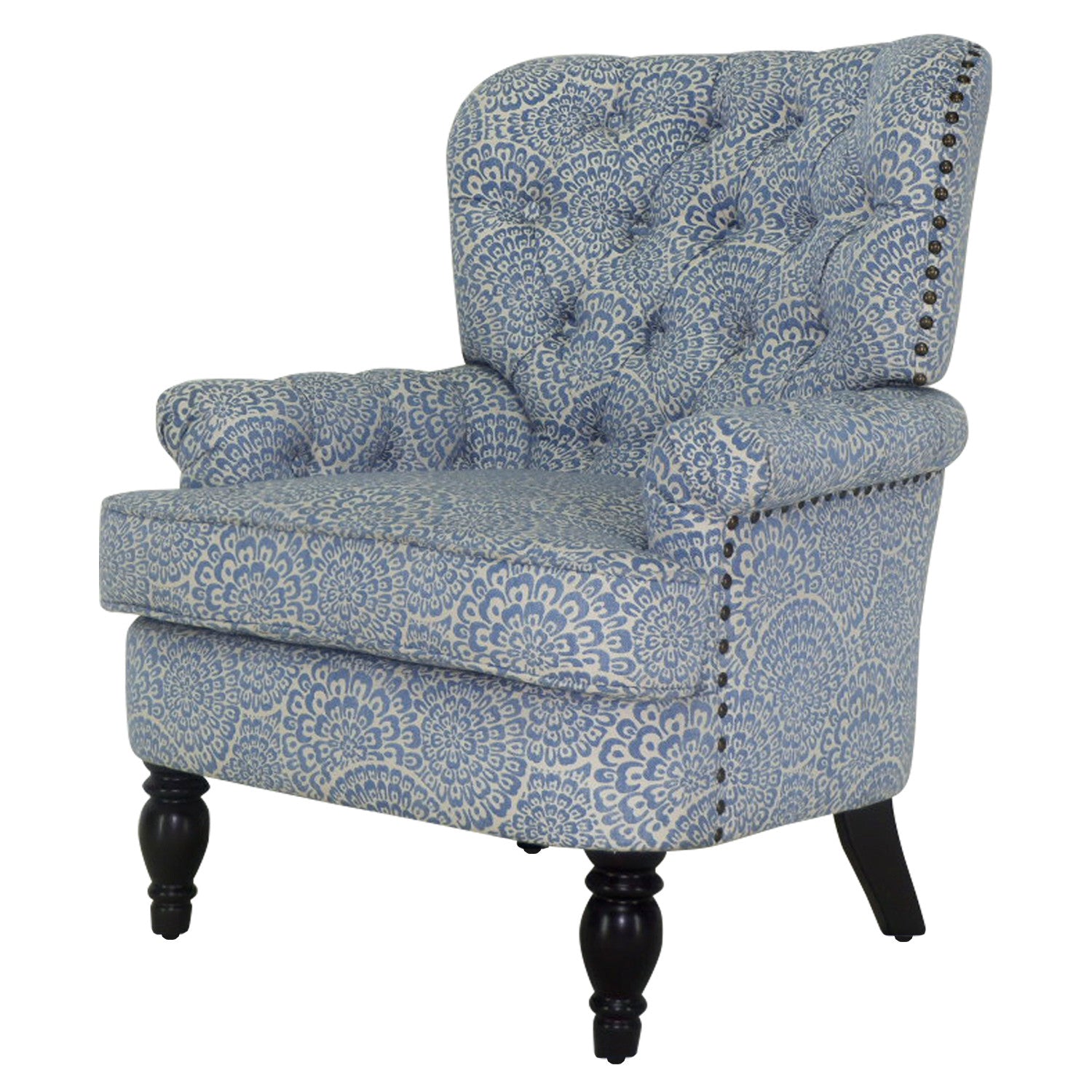 33" Periwinkle Cream And Brown Polyester Blend Floral Wingback Chair