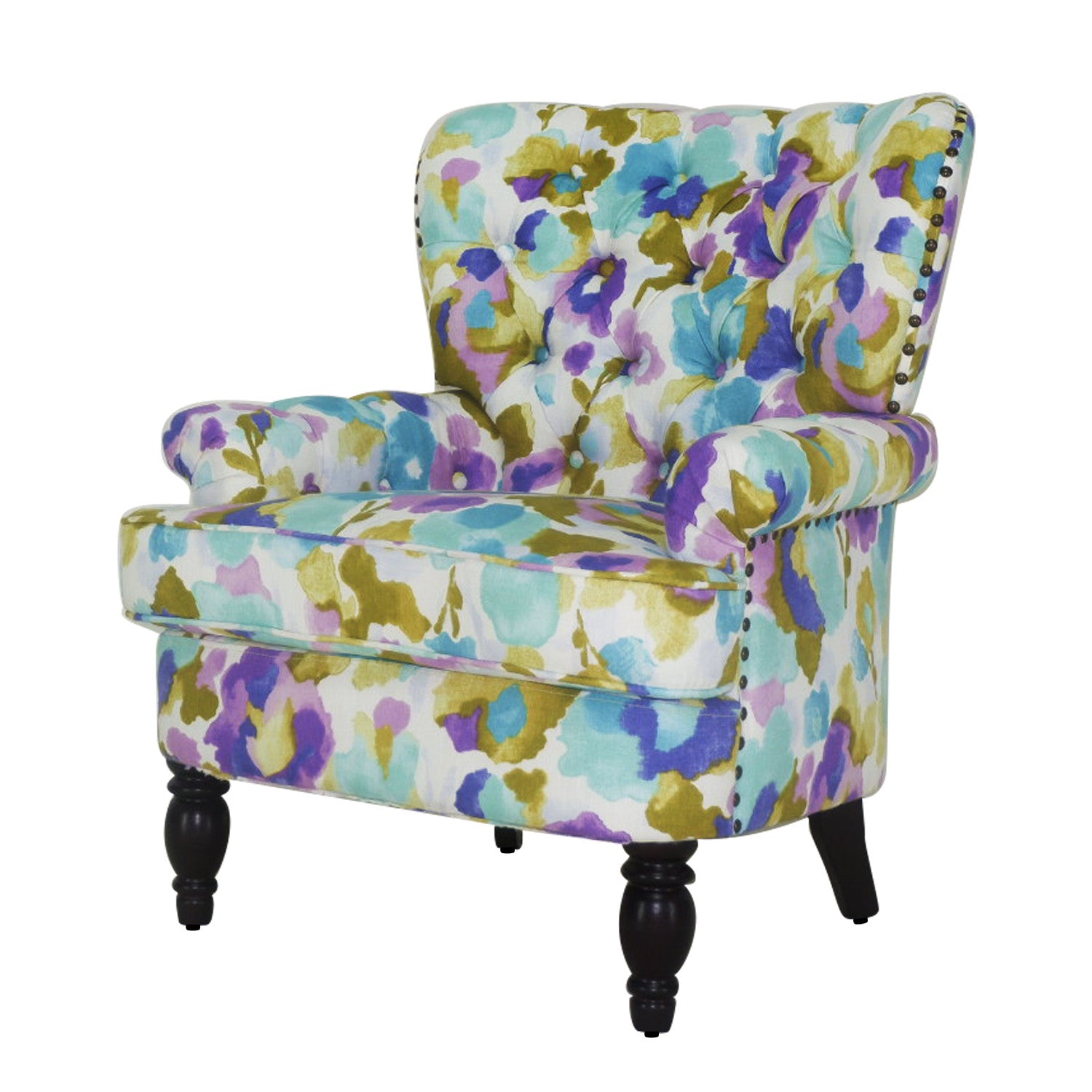 33" Aqua Green Purple And Brown Polyester Blend Floral Wingback Chair