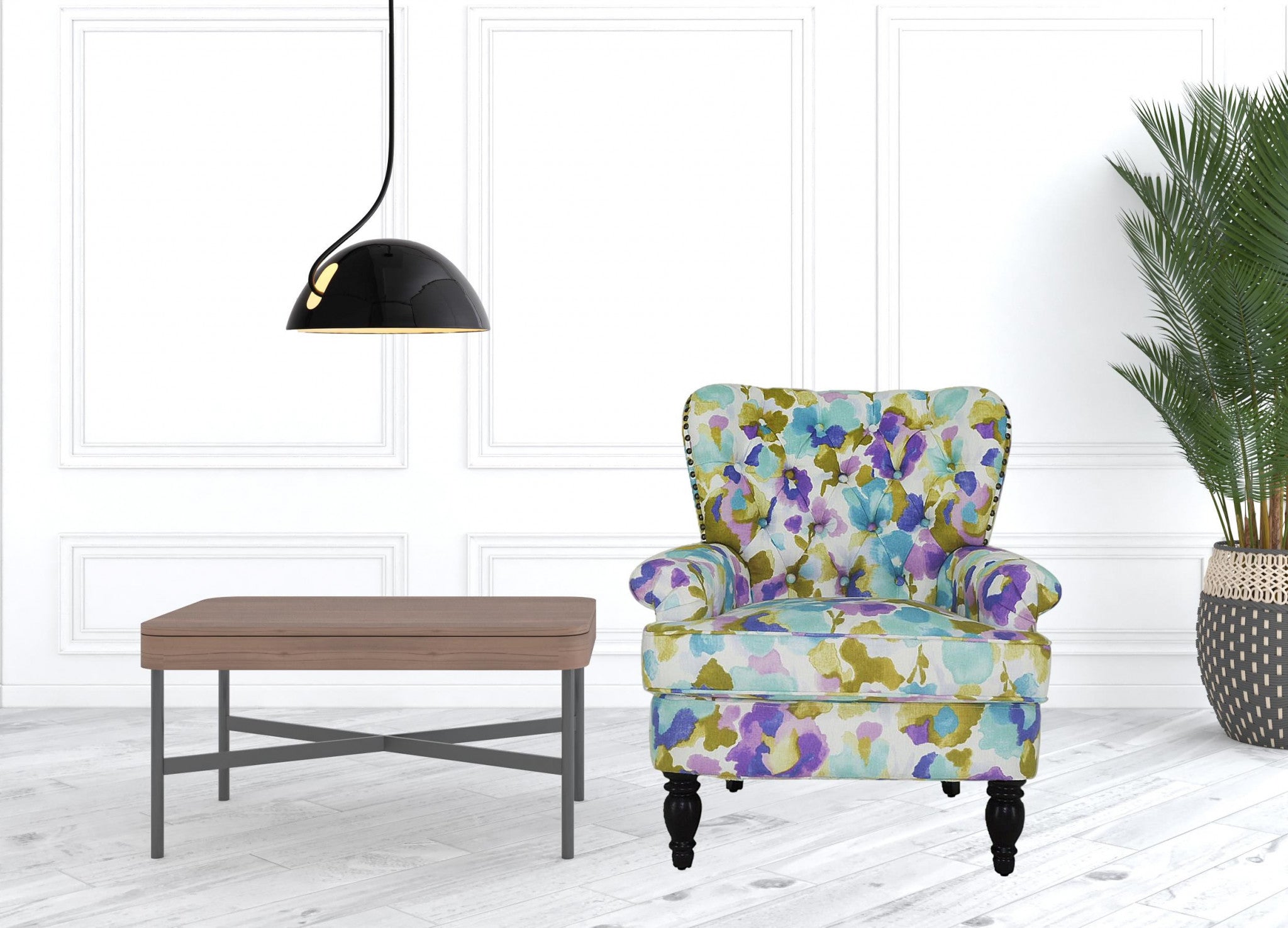 33" Aqua Green Purple And Brown Polyester Blend Floral Wingback Chair