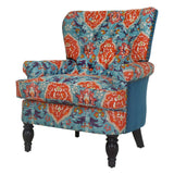 33" Teal Blue And Orange Brown Damask Wingback Chair