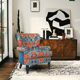 33" Teal Blue And Orange Brown Damask Wingback Chair