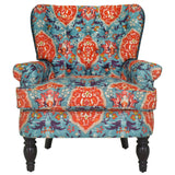 33" Teal Blue And Orange Brown Damask Wingback Chair