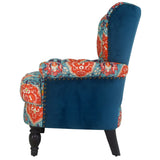 33" Teal Blue And Orange Brown Damask Wingback Chair