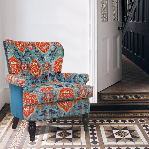 33" Teal Blue And Orange Brown Damask Wingback Chair