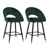 Set Of Two 39" Green And Black Velvet Counter Height Bar Chairs With Footrest