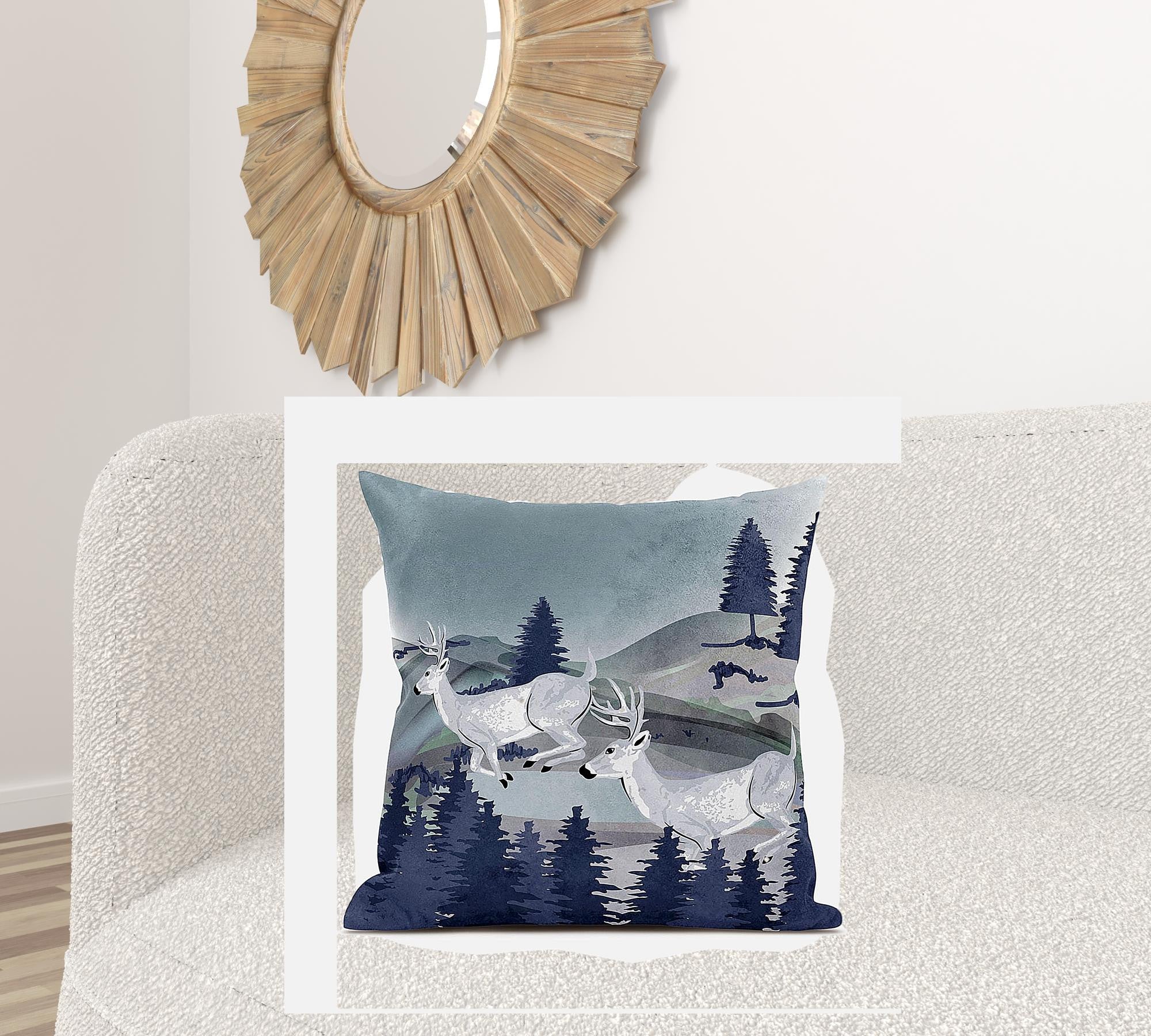 28x28 Gray Blue Deer Blown Seam Broadcloth Animal Print Throw Pillow