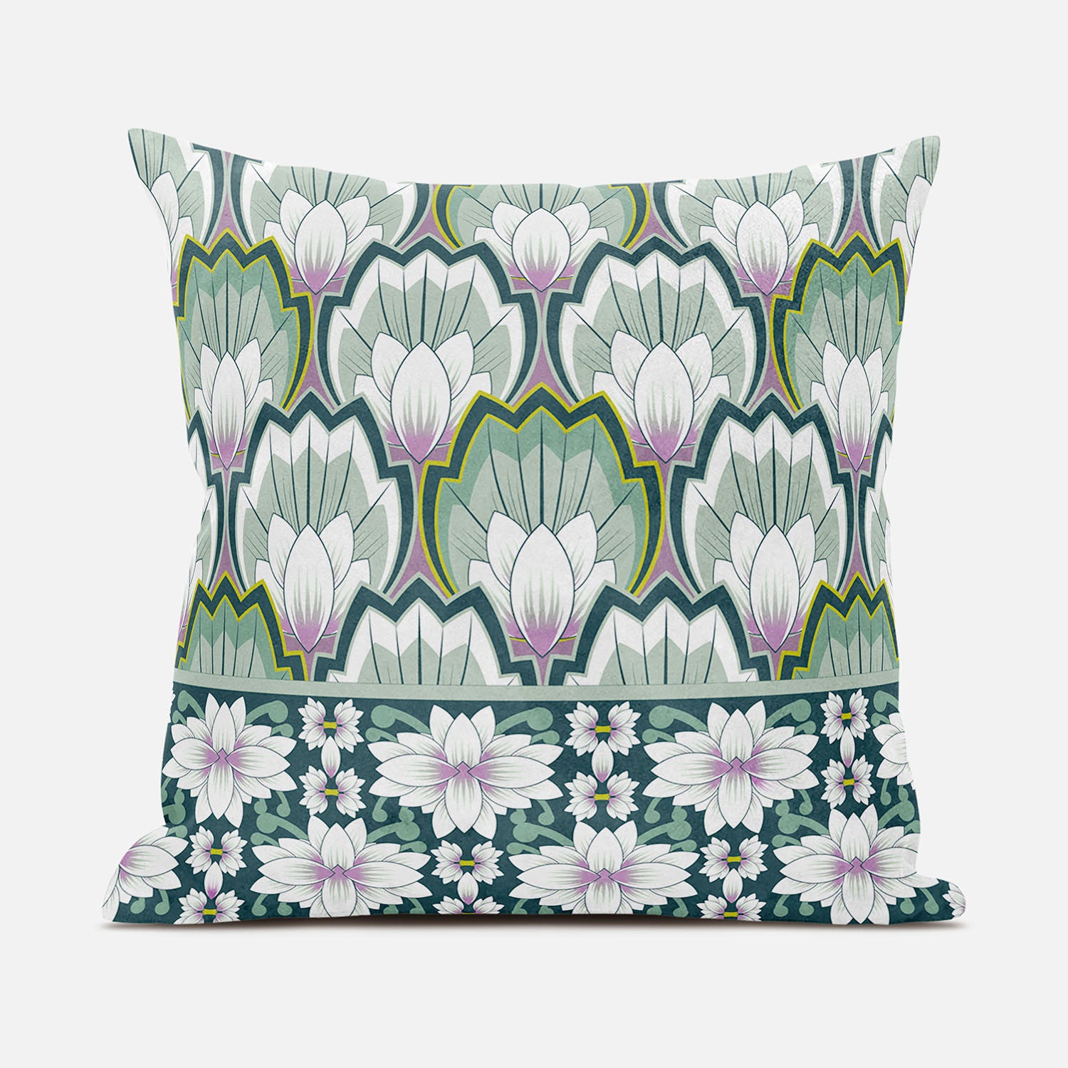 16x16 Green Pink Blown Seam Broadcloth Floral Throw Pillow