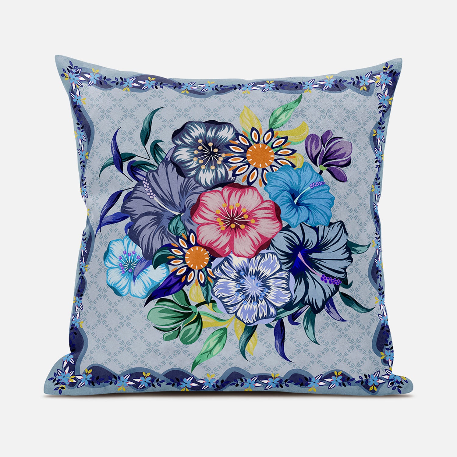 16x16 Blue Pink Gray Blown Seam Broadcloth Floral Throw Pillow